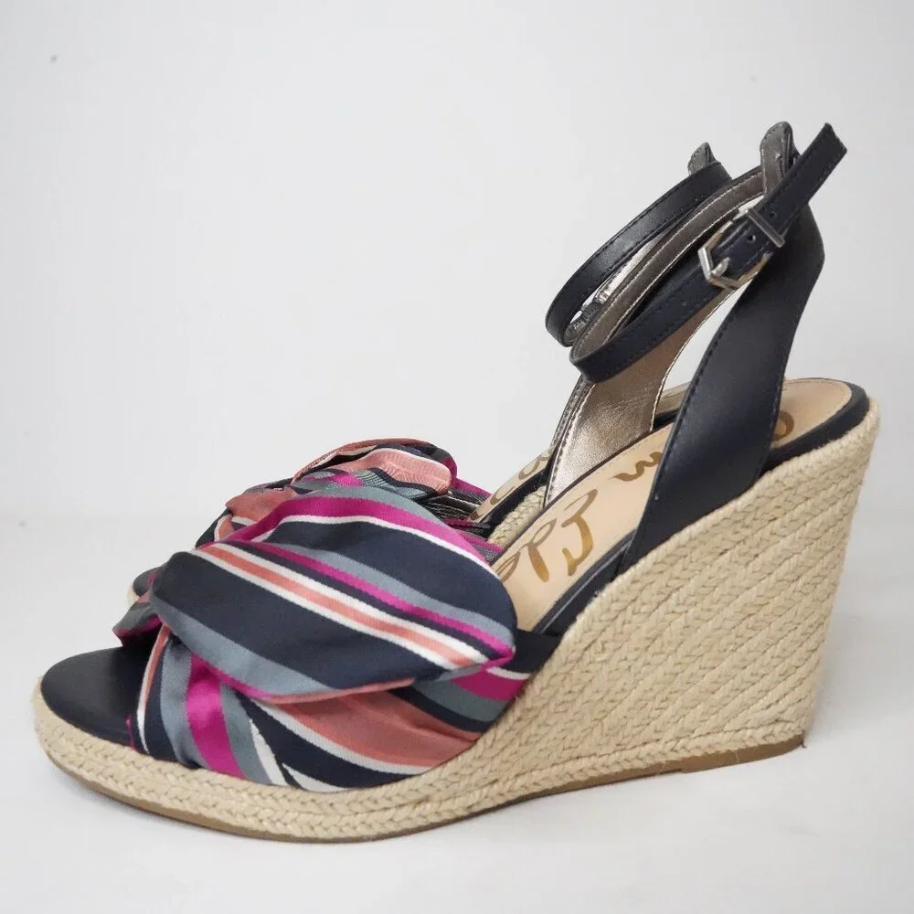 Sam Edelman, Aubrey Espadrille Wedge Striped Bow‎ Sandal, Navy, Pink, Tan
